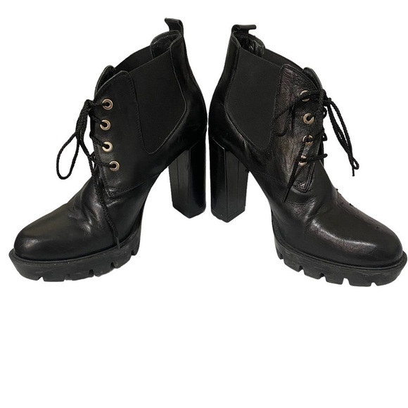 Atos Lombardini Black Italian Leather Chunky High Heel Lace Up Boot EU 39 US 8.5 - Picture 3 of 10